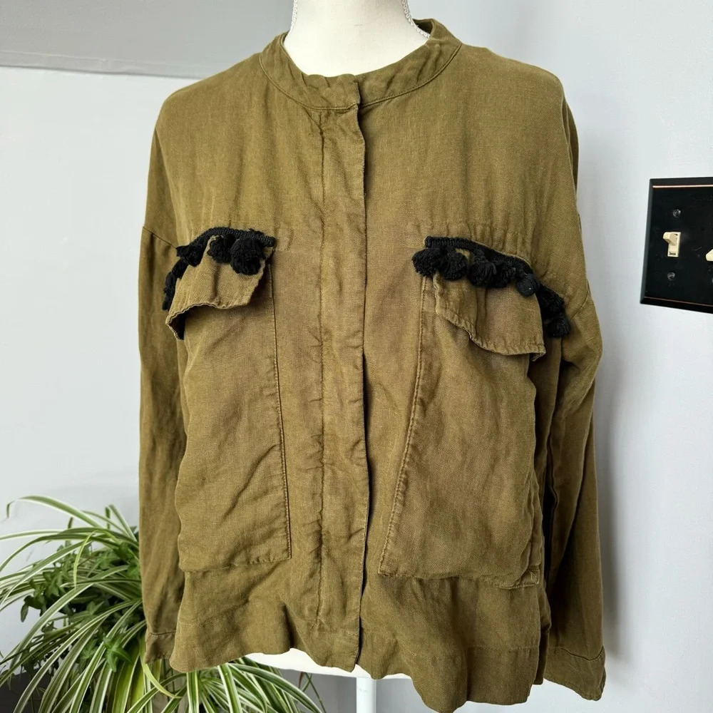 Zara Basic Women’s Olive Green Linen Jacket size Medium Black Tassel Detail